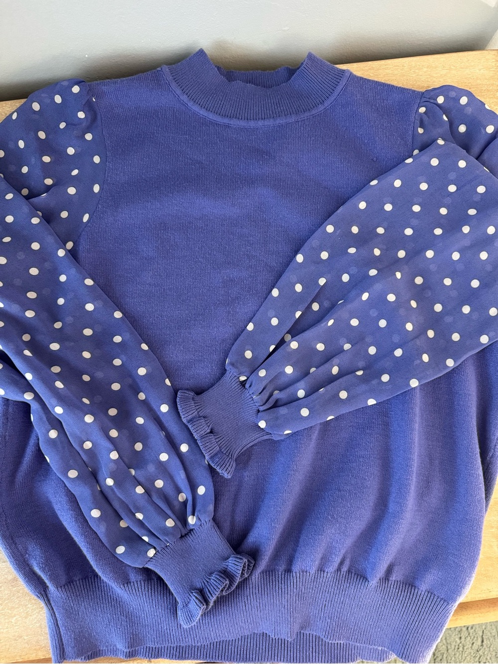 Nanette Lepore Periwinkle Knit Top with Polka Dot Sleeve Accent - Picture 4 of 8